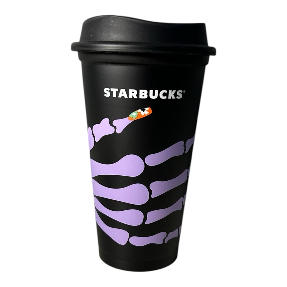 Starbucks Black Purple Halloween Skeleton Hand Reusable Tumbler 16oz